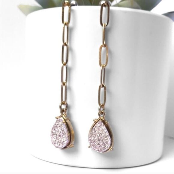 Faux Druzy Long Dangle Teardrop Gold Tone Chain Detail Earrings - Picture 5 of 6